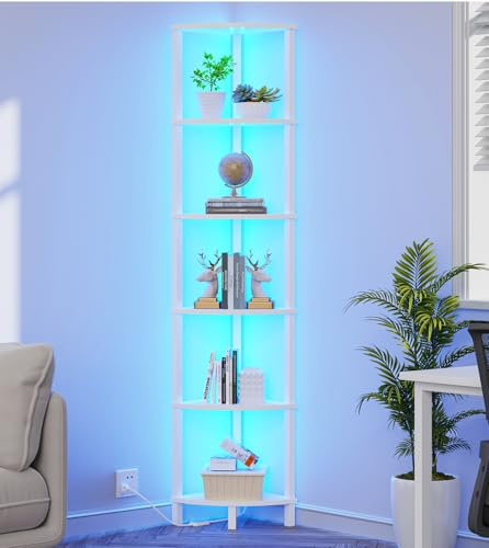 VIMBER Hörnhylla med LED-ljus, hörnbokhylla med 6 nivåer, industriell hörnsteghylla, modern displayhylla för vardagsrum, sovrum, kök, hem, kontor, robust ram, vit UJSJ002W