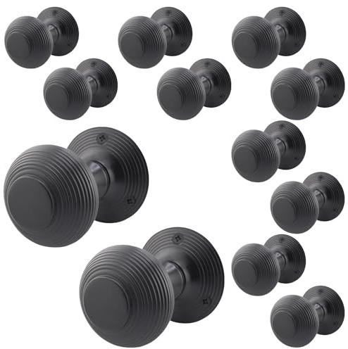 EAI Matt Black Door Knobs, 6 Pairs - Beehive | 6 Pairs of Beehive Mortice 55mm Door Knobs for Internal Doors, Fixings Included