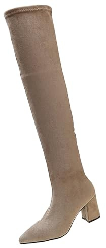liaddkv Stivali da donna con tacco alto, sexy, sopra il ginocchio, con tacco a blocco, elasticizzati, in pelle scamosciata, stivali alti al ginocchio, lunghi, cachi, 40