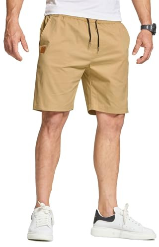 JustSun Mens Summer Shorts Casual Cotton Chino Shorts with Elastic Waist Pockets