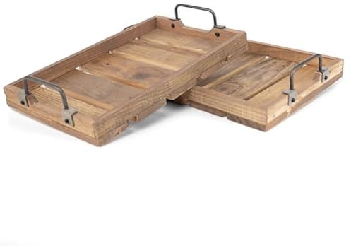 LIN HOME XZ-23279+XZ-23280 Conjunto de 2 Bandejas de Madera Vintage con Asas de Hierro, Bandejas Rectangulares Decorativas Multiuso para Desayuno, Decoración del Salón, Dormitorio y Comedor