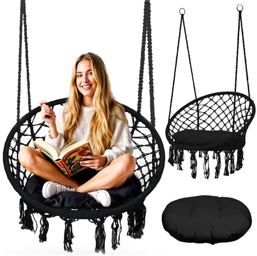 Sofotel Hängesessel Boho zum Aufhängen bis 150 kg Hängesitz Indoor Outdoor für Kinder und Erwachsene Schwarz