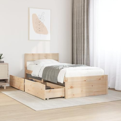 Teenpull Massiv träsäng 100 x 200 cm, furu obehandlad med 2 sänglådor, mångsidig sänggavel, stabil ribbotten av plywood, moderna sovrumsmöbler