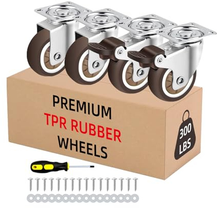 LSWHee 1.5 Inch Heavy Duty Caster Wheels Set of 4-300 LB Capacity Swivel Furniture Wheels with Brakes - Silent Rubber Casters for Workbench, Cabinet, Coffee Table