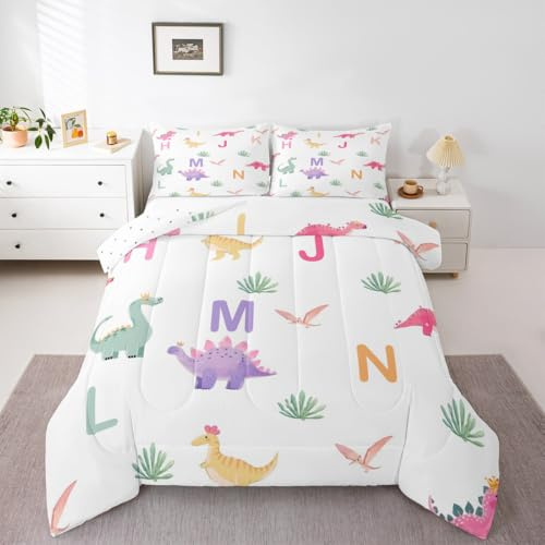 Loussiesd Söt dinosaurie täcke set king size mjuk för pojkar flickor, tecknad dinosaurie sängkläder set initial bokstav alfabet mikrofiber vilda djur sovrum dekor 3 st med 2 örngott