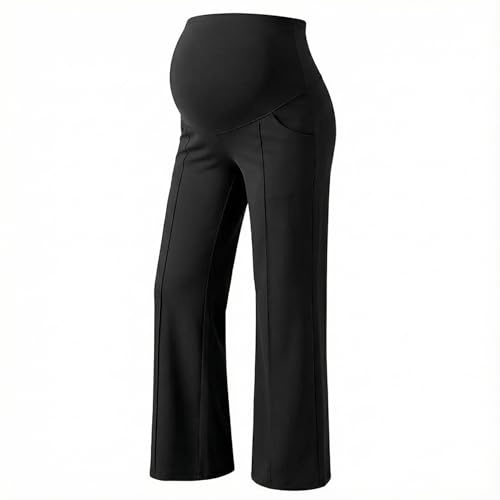 Zidoley Pantalon de maternité à Jambes Larges pour Femme, Pantalon Confortable pour se détendre, Pantalon Palazzo Doux avec Poches (Coupe Large, XL, Noir)