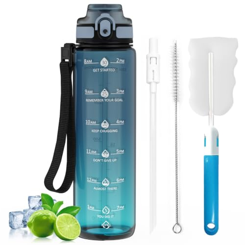 Gylinm 1L Water Bottle Made of BPA-Free Tritan Material, Sports Water Bottle with Removable Straw & Hydration Time Markerings, Ideal for Gym, Travel, Home, School and Outdoor Activities - Dusty-Blue