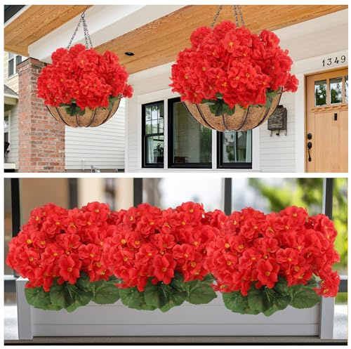 LEIMEND Flores Artificiales Geranios, Seda, 6 Piezas, Rojo