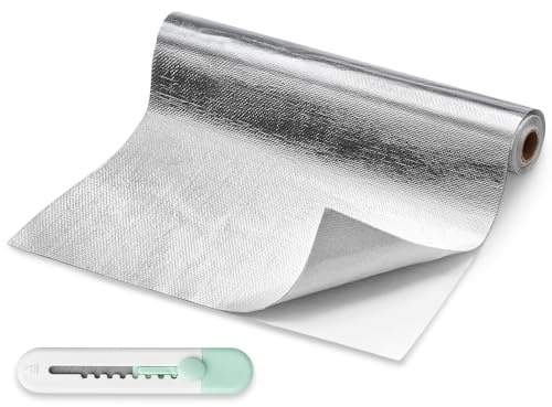 Feuille Isolante Autocollant Thermique en Feuille Aluminium Fibre de Verre | Barrière Thermique Aluminisée 40 x 500 cm Résistance à la Chaleur 300 °C avec Outils Découpe Convient pour Tuyau Voiture etc