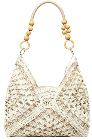 AHXHA Geflochtene Tasche Damen Sommer Handtasche Boho Strohtasche Strandtasche Shopper Tasche Stroh Woven Bag Flechttasche Für Strand Urlaub Alltag Urlaub
