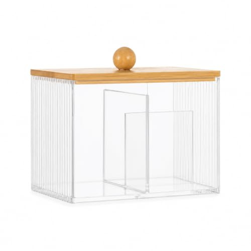 evergoods Clear Acrylic Cotton Wool Holder with Lid, 3 Compartment Cotton Bud & Cotton Pad Storage Box, Bathroom Organiser Jar with Wooden Lid, Q-tip Dispenser for Bathroom Vanity & Dressing Table