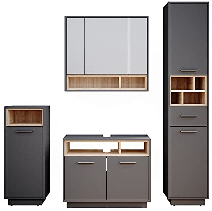 Vicco Set mobili bagno Beatrice, Antracite, 80 cm, composto da mobile lavabo, pensile a specchio, colonna e base media