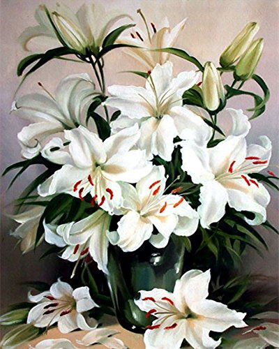 Wowdecor - Kit de peinture par numéros - Motif de fleur de lys blanches - 40,6 x 50,8 cm - Pour adulte et enfant Framed blanc