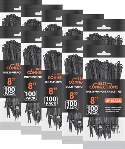 BEST CONNECTIONS Black Cable Ties – 1,000 Pcs Cable Zip Ties 8 Inch with Screw Down Hole for Mounting- Strong Nylon Wire Ties with 50 Lbs Tensile Strength – Cable Management Ties for Outdoor & Indoor