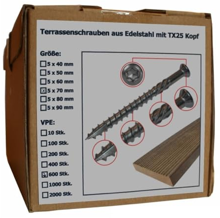 Sanpro Terrassenschraube aus Edelstahl mit Torx Kopf, Größe 5 x 70 mm, Anzahl 600 Stück (Pack à 600 Stück)