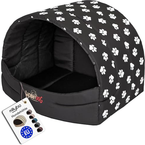 millybo Hundehütte Hundehöhle Hundebett Hundehaus S-XL (R1 (45 x 33 cm), schwarz mit Muster (Pfötchen))