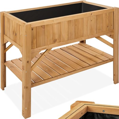 tectake Planting Box with Storage Ergonomic Height Protective Foil, Weatherproof Conifer, Great for Garden and Balcony, Outdoor Use, With Extra Shelf