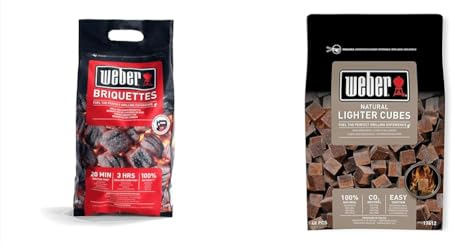Weber Barbeque Briquettes | 4 kg Bag | BBQ Coal Grills | 100% Natural, Made from Waste Wood (17590168) & Natural Lighter Cubes | BBQ Lighter Easy Ignition (17612)
