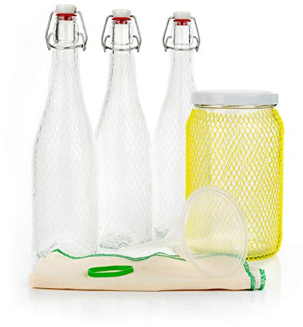myFERMENTS - Kefir & Kombucha Starter Set | 2L Glasgefäß | 3 hermetische 750ml Bügelflaschen | 10cm Trichter & Mulltuch | Fermentationsglas, Fermentationsgläser, Farblos, Glas