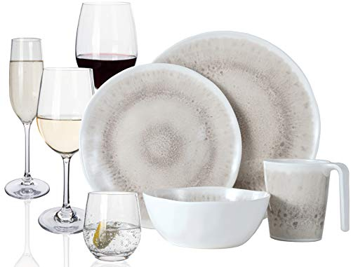 Vajilla de melamina para camping, 4 personas, diseño de yunque, 16 piezas + 16 vasos de agua, copas de vino, champán, vajilla de pícnic, barbacoa