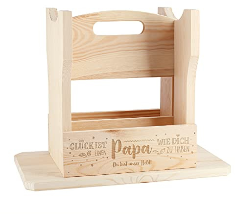 Herz & Heim® Hocker aus Holz und Bierträger - Männer-Geschenk zum Geburtstag mit Namen und Alter graviert Glück ist einen Papa wie Dich zu haben