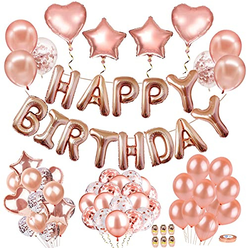 AIBEE 56pcs Party Decorations, Rose Gold Happy Birthday Balloons Banner, Fringe Curtain Foil Tablecloth Heart Star Foil Confetti Balloons