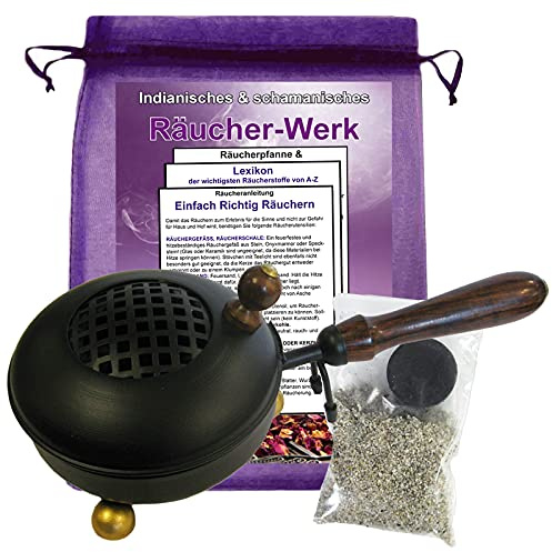 RÄUCHERPFANNE & WEIHRAUCHBRENNER 26cm mit Griff 7-TLG Set zum AUSRÄUCHERN für Räucherwerk, Räuchergefäß, Räucherschale, Räucherstövchen & Räucherstäbchenhalter in EINEM mit ZUBEHÖR. 3164G-0