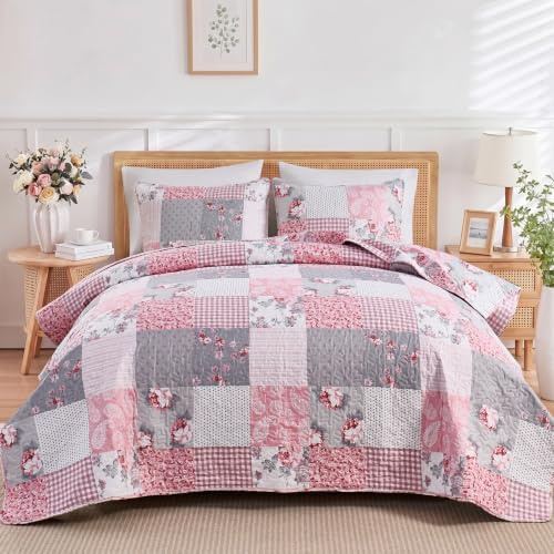 Bettwäsche-Set für Queen-Size-Betten, Blumenmuster, Patchwork, gesteppt, 3-teilig, graues Gittermuster, Blumen, leicht, Bettdeckenbezug, Decke mit 2 Kissenbezügen | 3-teiliges Bettwäsche-Set mit gestepptem Bettbezug, leicht, mit 2 Kissenbezügen für alle Jahreszeiten