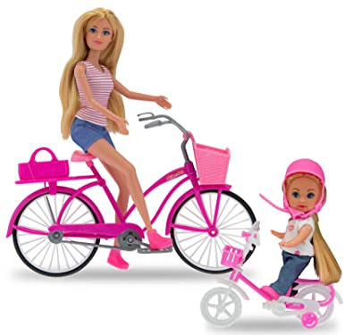 Teorema 67264 - Bambola Dea per bambini con figlia in bicicletta, con 2 caschi, accessori, cestino per la bicicletta, altezza 29cm, in vinile, con ginocchia pieghevoli, folta chioma