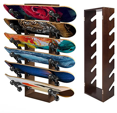 Gtouse Skateboardställ väggmontering 6-lagers skateboardstativ display trä skateboard förvaringsställ skateboard däck organiserare skateboard hängare för longboard standard skateboard