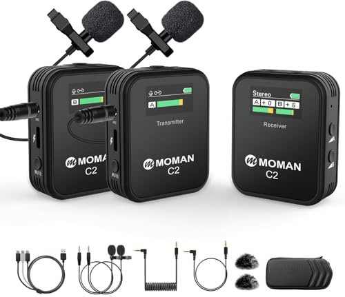 Moman Wireless Lavalier Microphone C2X, 2.4G Dual Transmitter Lapel Mic 656FT 8H for Online Class Vlog Stream YouTube for Camera Smartphone Tablet (C2X Dual)