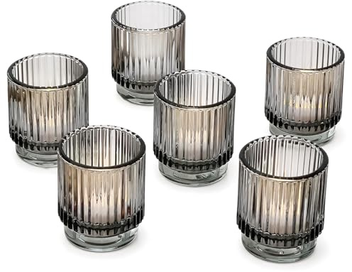 Kate Aspen Ribbed Glass Candle Holder Set - 6 Smoke Gray Tealight Holders for Home, Kitchen, Room or Living Room Decor - Vintage Tea Light Votive Accent for Table or Shelf Styling