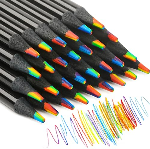 ThEast 48 Stück schwarze hölzerne Regenbogen Buntstifte, 7 Farben in 1 Regenbogenstifte für Kinder und Erwachsene, Mehrfarbige Mitgebsel Besondere Bleistifte