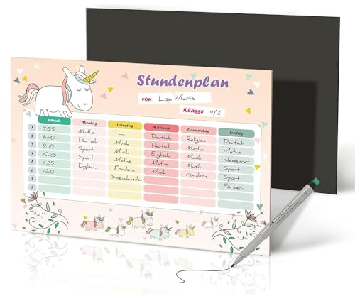 Primus Print Einhorn Stundenplan A4 - Magnetisch & Abwischbar inkl. Stift - Wochenplaner für Kinder - Ideal für Kühlschrank, Perfekt für Schule & Zuhause - Made in Germany