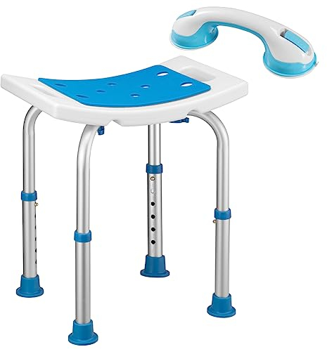 Bakaji Sgabello Bagno in Alluminio Altezza Regolabile Sedile Doccia Sedia Vasca Ausilio per Anziani, Piedini in gomma Antiscivolo, portata fino a 150 Kg, (Rettangolare con maniglia ausiliare)