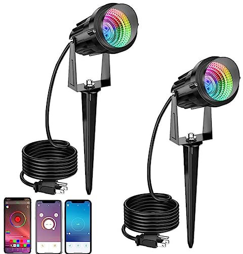 ANKBOY 2Pack LED Gartenleuchte mit Erdspieß, RGB Farbwechsel und Warmes Weiß Außen Wasserdicht Erdspieß Rasen Lampe, Schwarze Gartenstrahler mit Bluetooth APP-Steuerung 1,5m Kabel mit Stecker