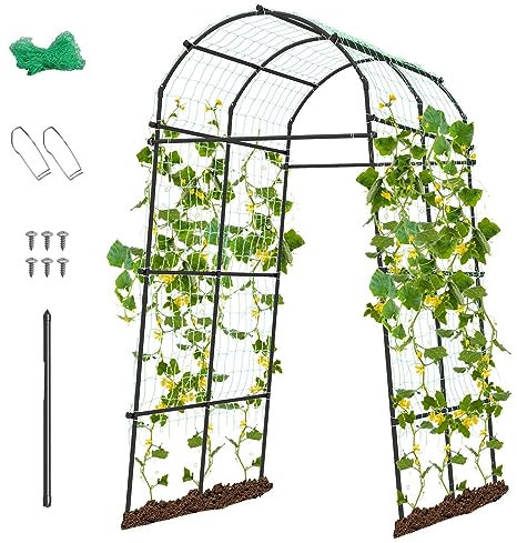 TANGZON 230cm Garden Arch Trellis, Metal Plants Support Tunnel With Netting & Drilling Rod, Outdoor Cucumber Support for Raised Bed, 181 x 110-160 x 230cm