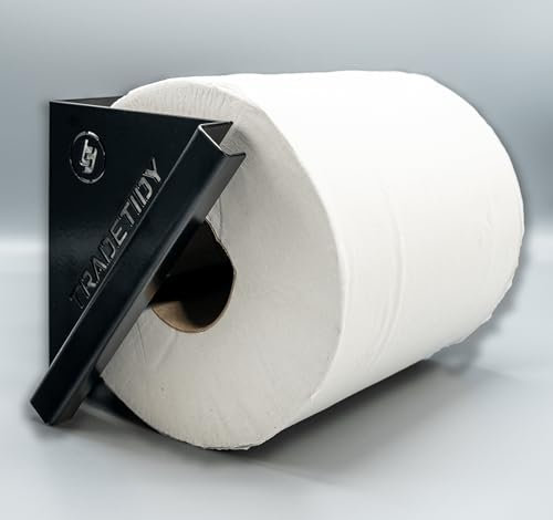 Tradetidy Dispensador de toallas de papel de acero negro – Soporte de pared resistente para furgonetas, garajes y talleres – Se adapta a rollos de toallas de papel de hasta 200 mm de ancho – Fabricado
