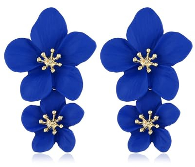 FDEETY Doppelschichtige Blumen Tropfen Ohrringe - Böhmische Blume Ohrringe mit Übertriebener Blumenoptik - Modeschmuck für Damen in Blau