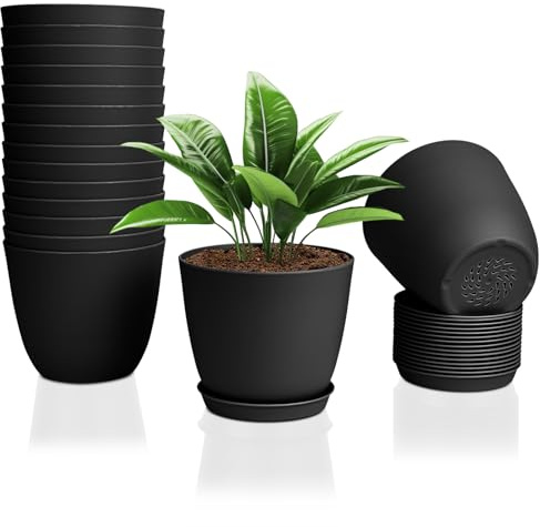 FORAGIFT 16 Pack 15cm Plastic Plant Pots for Indoor Flower Pots, Heavy Duty and Stylish Plant Pots for Indoor Plants with Drainage Holes and Tray for Plants, Flowers, Black
