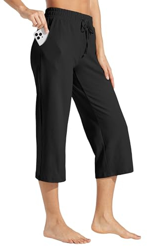 WILLIT capribyxor för kvinnor, bomull, yoga, capri, lediga loungebyxor, vida ben, träning, sportbyxor, joggingbyxor med fickor, 50 cm