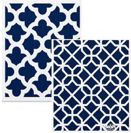 EKOH Eco-Friendly Kitchen Cleaning Cloths, Swedish Dishcloths 2 Pack NavyGeometric Prints, Eco Sponge Cloth for Cleaning, Zero Waste Dish Cloth, Plastic Free Surface Wipes, Paper Towel Alternative