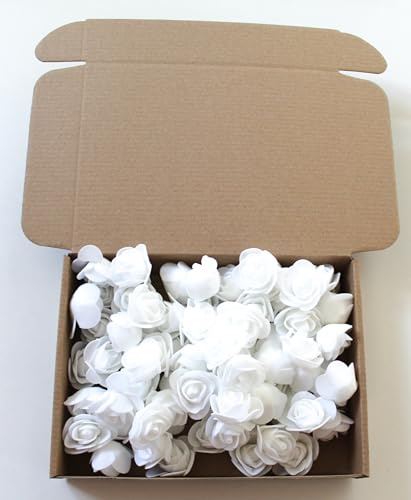 CaPiSo 72 Stück Künstliche Rosen-Box 3,5cm Blumenköpfe Mini Foamrosen Kunstrosen für Handwerk Brautstrauß Rosenstrauß Streublüten Streurosen Basteln in Aufbewahrungsbox (Weiss)