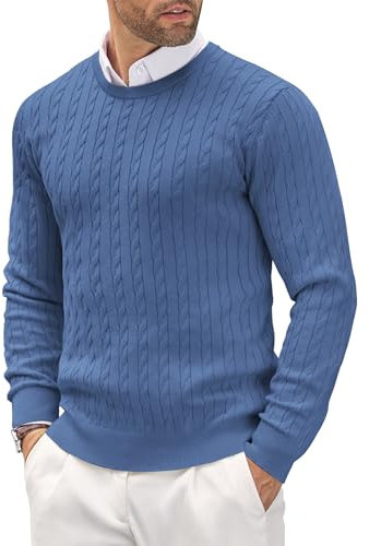 COOFANDY Herr Crew Neck Jumper kabel Stickad Lätt Jumper Slim Fit Långärmad Casual Pullover Tröja, BLÅ, M