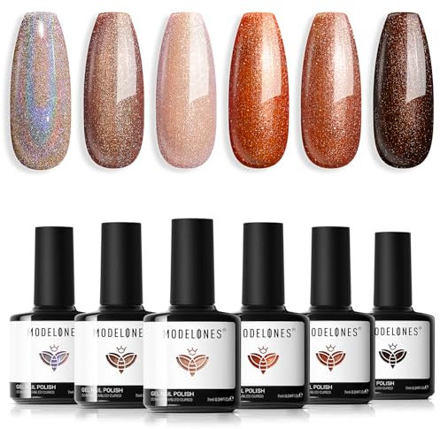Modelones Gel Nail Polish Set, 6 Colors Autumn Nude Orange Chameleon Gel Polish Brown Gel Nail Polish Set Soak Off Glitter Nail Gel Nail Art DIY Manicure Salon and Home for Women