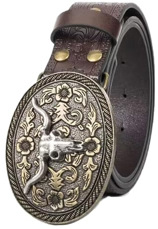 KorhLeoh Western Leather Cowboy Buckle Belt for Men Women Jeans Engraved Floral Longhorn Bull Texas Buckle Belt (33-41 waist)