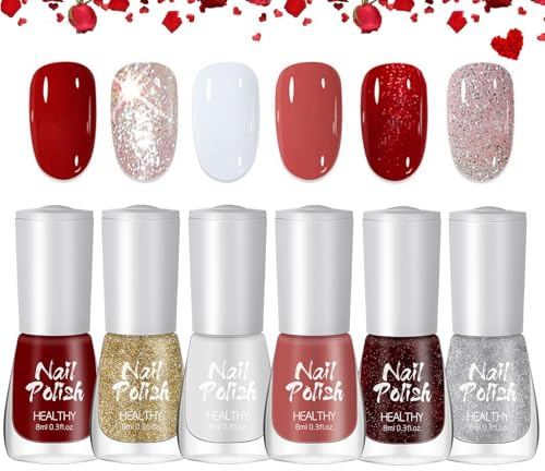 DMQ Nail Polish Set, 6Pcs Candy Cane Nail Varnish Set, Glitter Burgundy Red Sparkle Kit Snow White Silver Nail Gel, Quick Dry Non-Toxic Water Based - No Need UV Nail Paint for DIY Nail Art at Home
