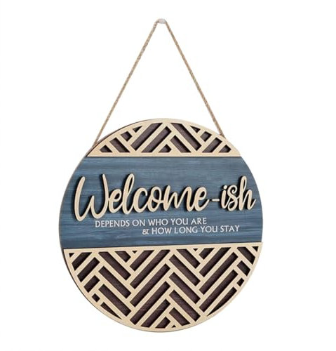 Fowecry 3D Welcome Hanging Sign Plaque for Front Door Wall Decor, Funny Welcome-Ish Wooden Hanger, Rustic Minimalist Wood