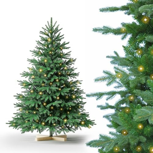 Weihnachtsbaum Künstlich PVC und PE，150cm Tannenbaum Künstlich mit Christbaum Holzständer、Beleuchtung LED，Nordmanntanne,Schwer Entflammbarer Automatischer Christbaum，Naturgetreuer Tannenbaum Künstlich