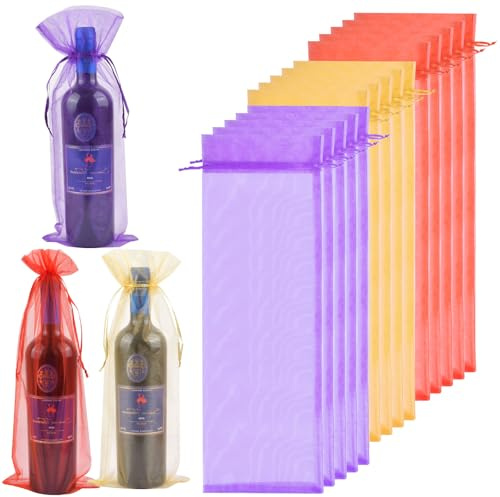 Aomhrek 30 Pcs Emballage Bouteille Vin, Sac en Organza Sac De DéCoration De Bouteille en Organza, Sac De DéCoration pour Bouteilles De Vin Sac Cadeau, Rouge, Violet, Or, pour Le Vin, Le Champagne